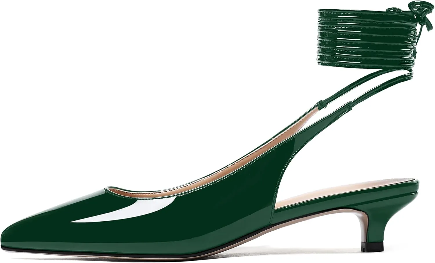 WAYDERNS Women's Slender Wrap-Around Ankle Straps Slingback Patent Pointed Toe Solid Kitten Low Heel Pumps Shoes 1.5 Inch