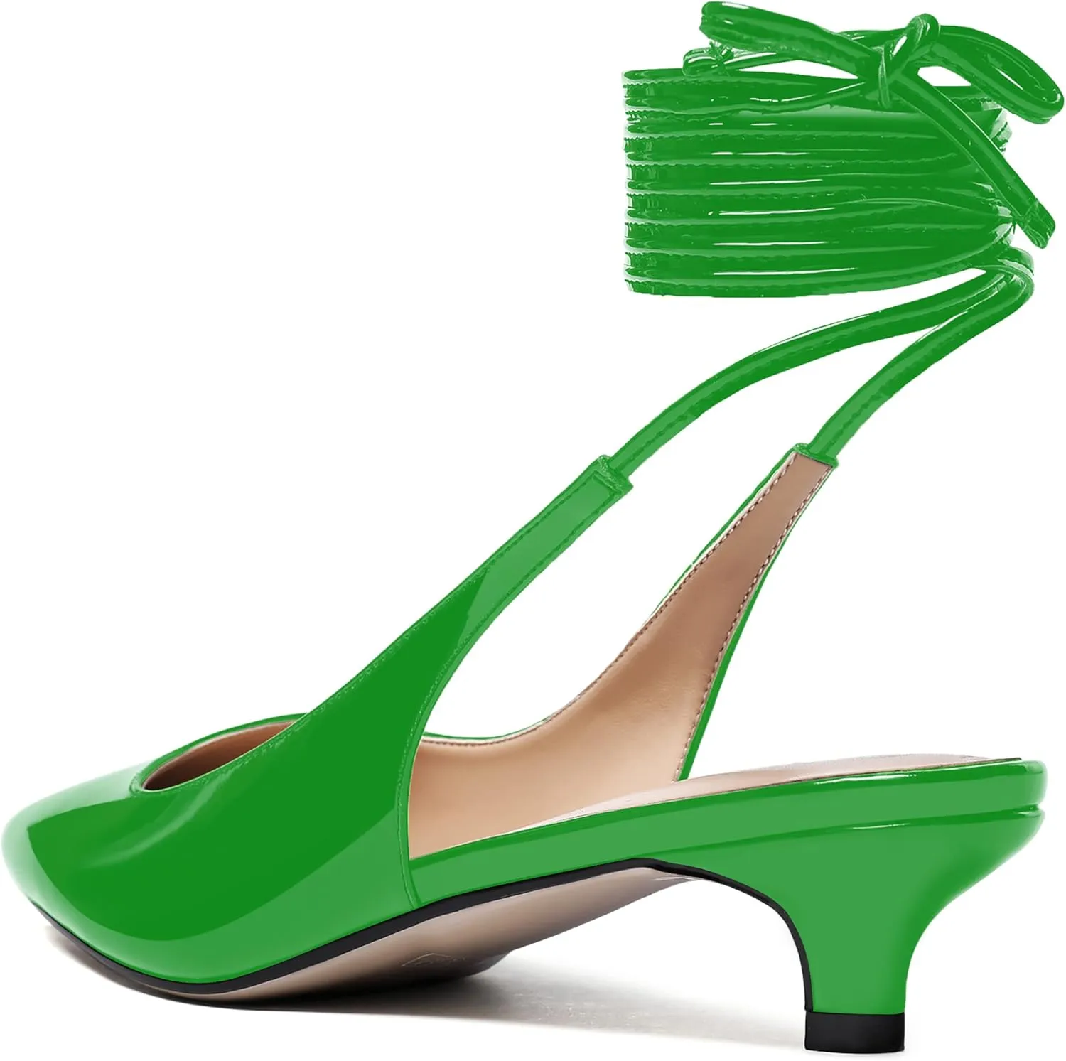 WAYDERNS Women's Slender Wrap-Around Ankle Straps Slingback Patent Pointed Toe Solid Kitten Low Heel Pumps Shoes 1.5 Inch