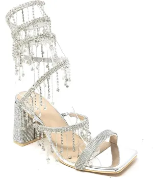 Wild Diva Women's Molla-01 Chandelier Embellished Rhinestone Spiral Coil Wrap Around Chunky Block Heels