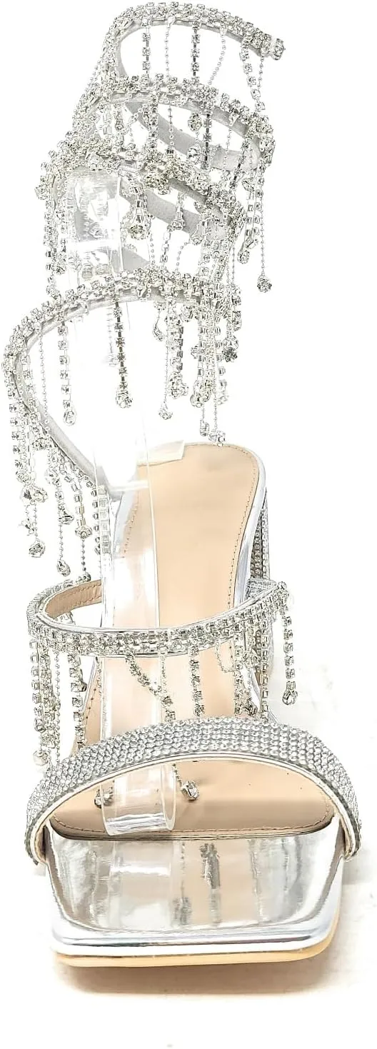 Wild Diva Women's Molla-01 Chandelier Embellished Rhinestone Spiral Coil Wrap Around Chunky Block Heels