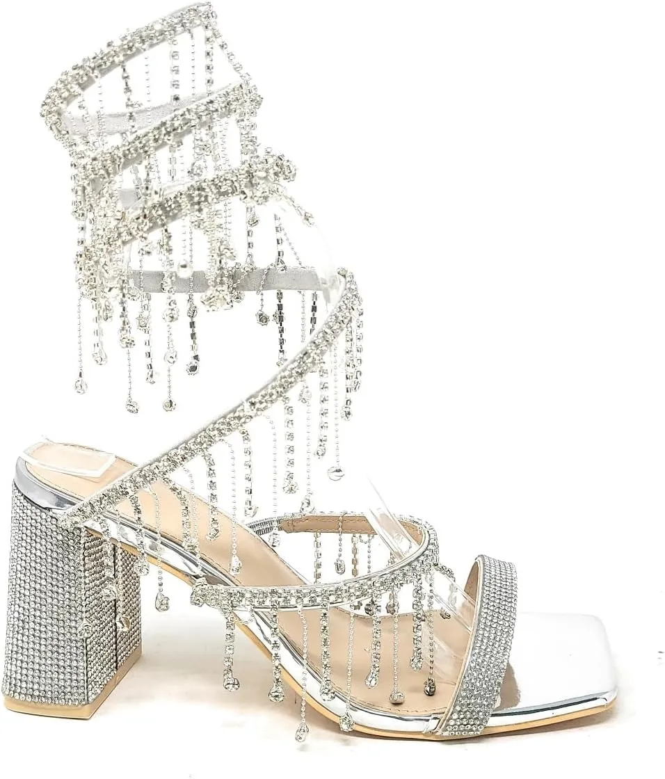 Wild Diva Women's Molla-01 Chandelier Embellished Rhinestone Spiral Coil Wrap Around Chunky Block Heels