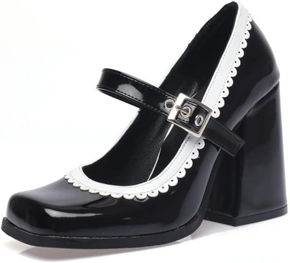 Women Chunky High Heel Mary Jane Shoes Comfy Two Tone PU Leather Sweet Square Toe Work Dress Pumps