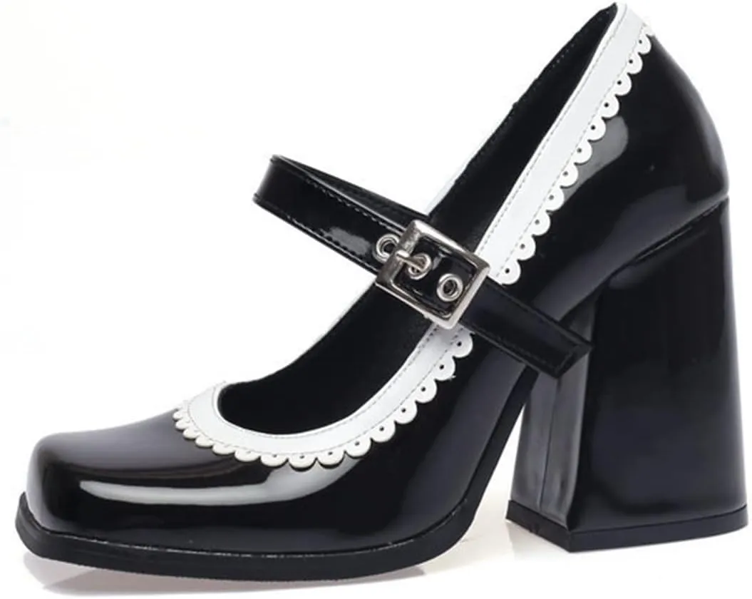 Women Chunky High Heel Mary Jane Shoes Comfy Two Tone PU Leather Sweet Square Toe Work Dress Pumps