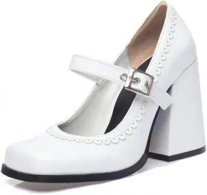 Women Chunky High Heel Mary Jane Shoes Comfy Two Tone PU Leather Sweet Square Toe Work Dress Pumps