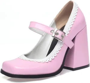 Women Chunky High Heel Mary Jane Shoes Comfy Two Tone PU Leather Sweet Square Toe Work Dress Pumps
