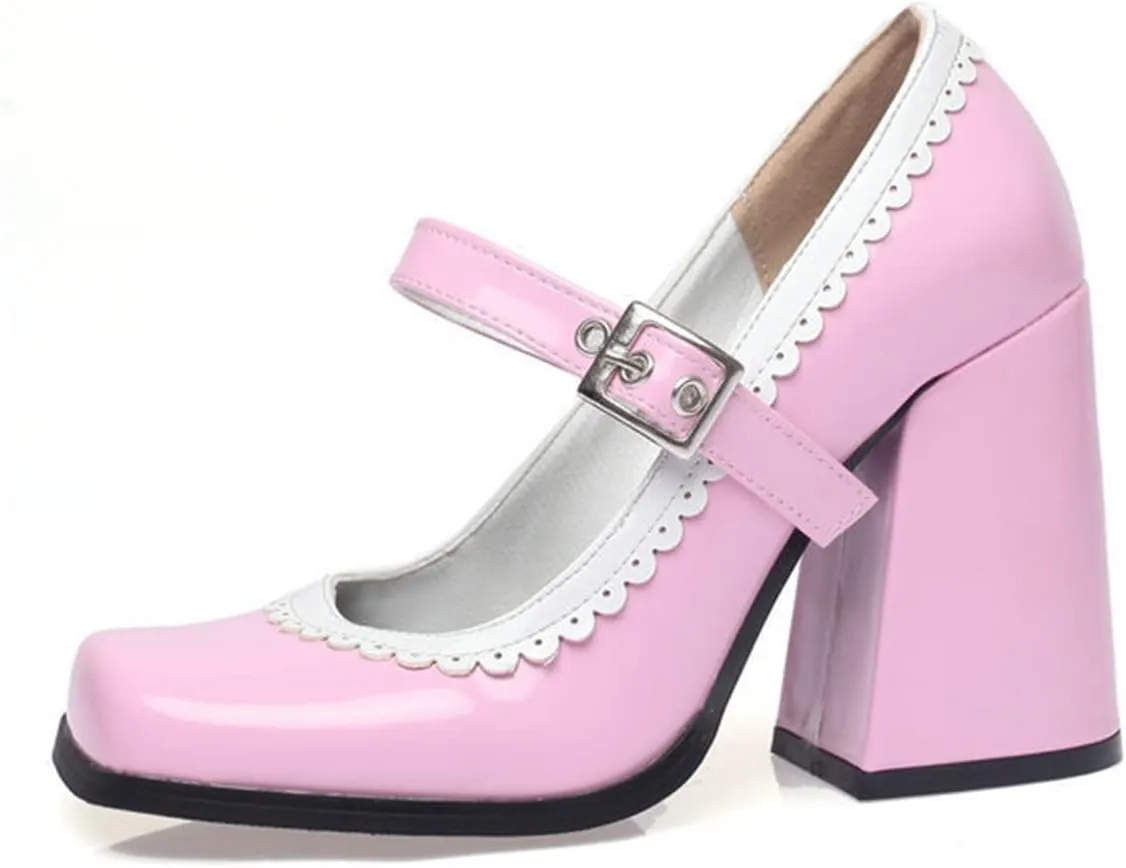 Women Chunky High Heel Mary Jane Shoes Comfy Two Tone PU Leather Sweet Square Toe Work Dress Pumps