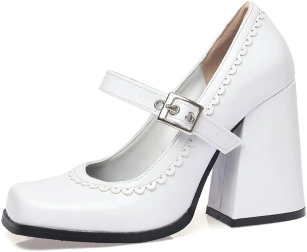 Women Chunky High Heel Mary Jane Shoes Comfy Two Tone PU Leather Sweet Square Toe Work Dress Pumps
