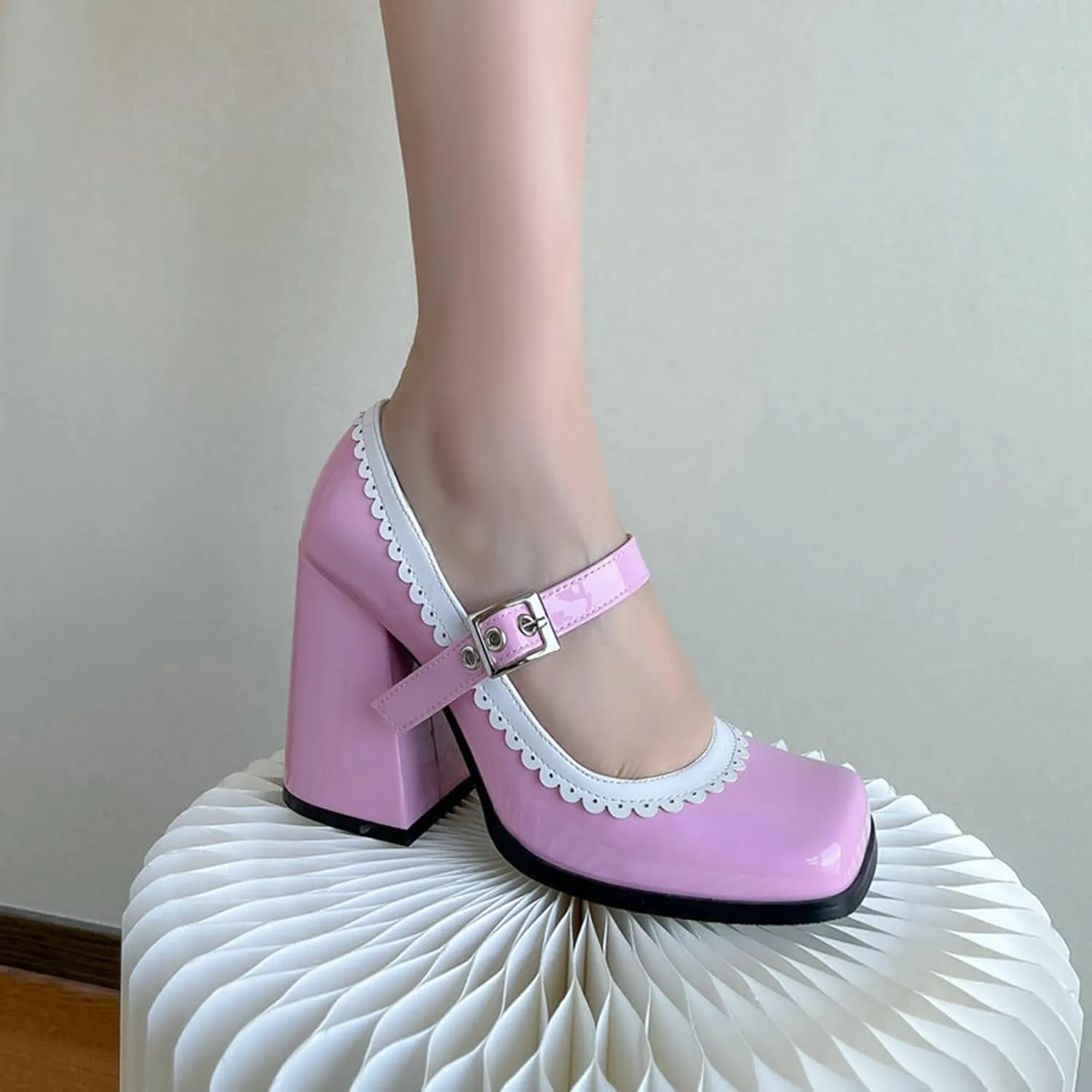 Women Chunky High Heel Mary Jane Shoes Comfy Two Tone PU Leather Sweet Square Toe Work Dress Pumps