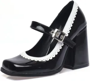 Women Chunky High Heel Mary Jane Shoes Comfy Two Tone PU Leather Sweet Square Toe Work Dress Pumps