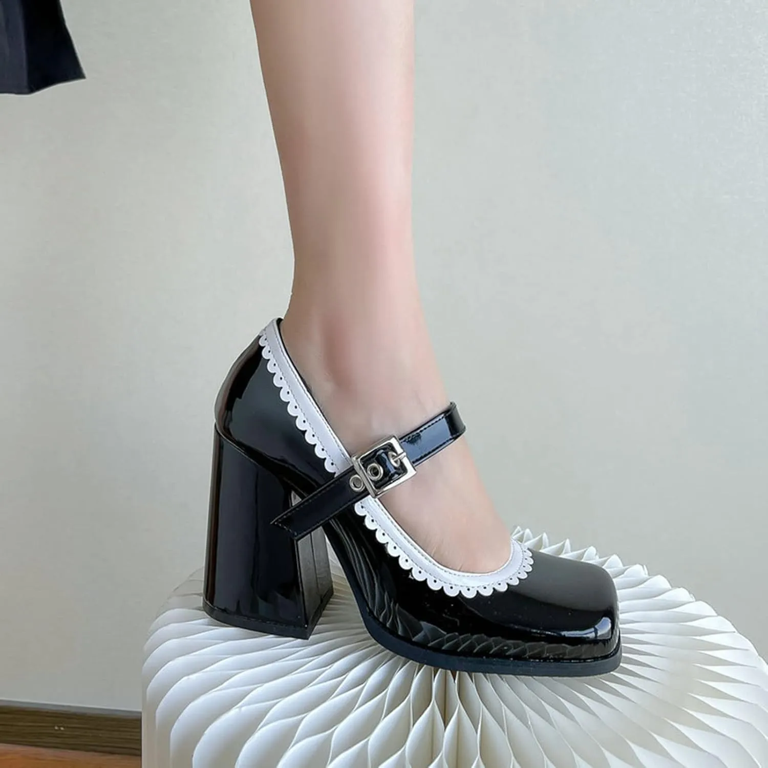 Women Chunky High Heel Mary Jane Shoes Comfy Two Tone PU Leather Sweet Square Toe Work Dress Pumps