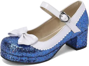Women Glitter Sequin Mary Jane Platform Pumps Two Tone Bow Comfort Mid Block Heel Bridal Wedding Shoes