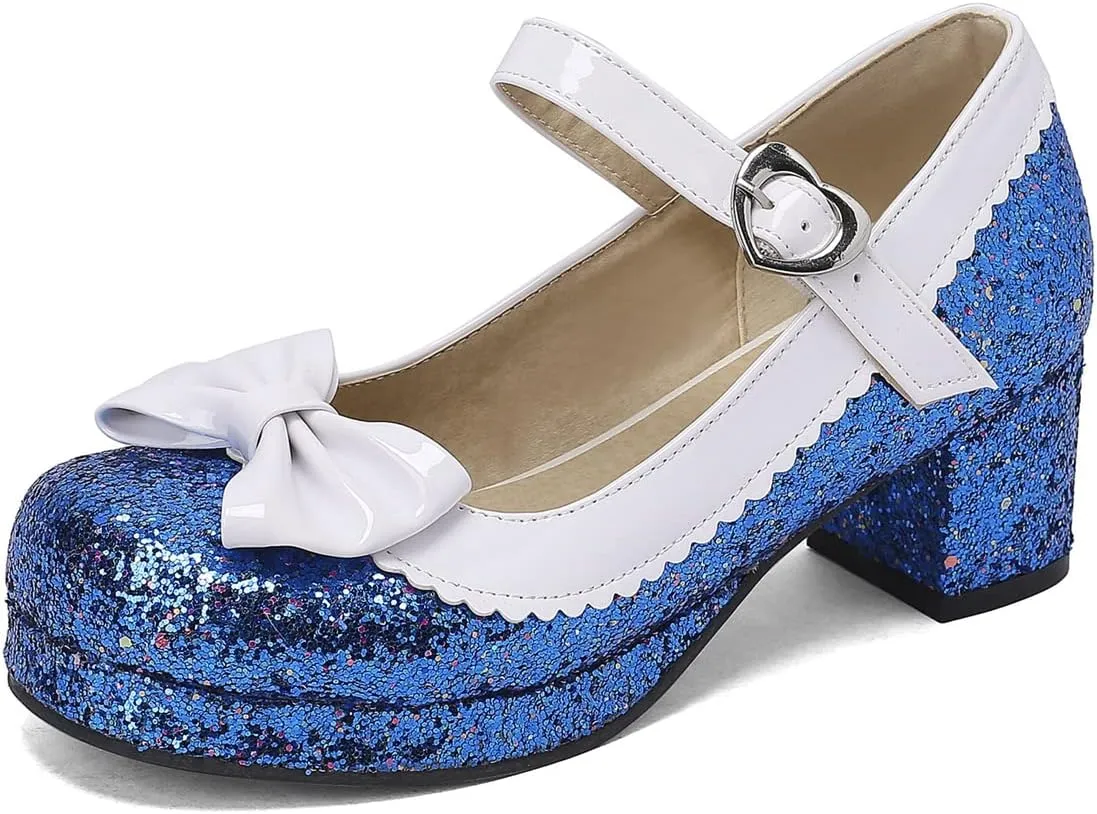 Women Glitter Sequin Mary Jane Platform Pumps Two Tone Bow Comfort Mid Block Heel Bridal Wedding Shoes