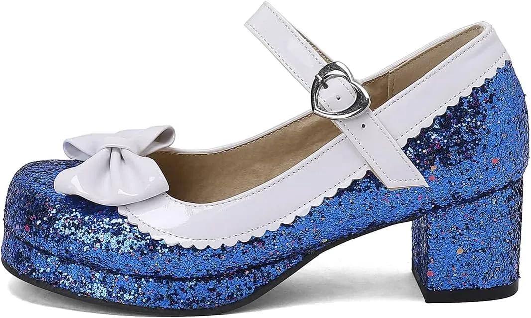 Women Glitter Sequin Mary Jane Platform Pumps Two Tone Bow Comfort Mid Block Heel Bridal Wedding Shoes