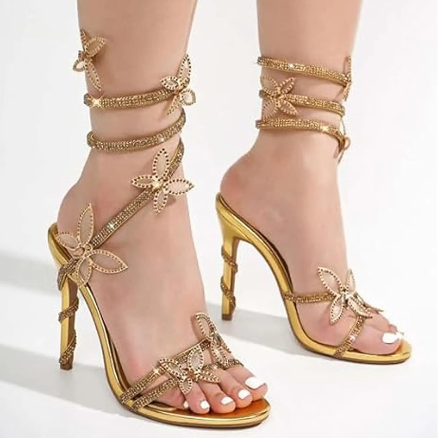 Women Rhinestone Butterfly Spiral Wrap Around High Heel Sandals Rhinestone Sparkly Stiletto Heel Sandals