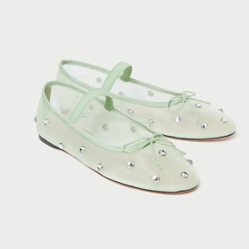 Women Rhinestone Embellished Mesh Ballet Flats with Bow Transparent Round Toe Slip-On Mary Jane Dress Shoes