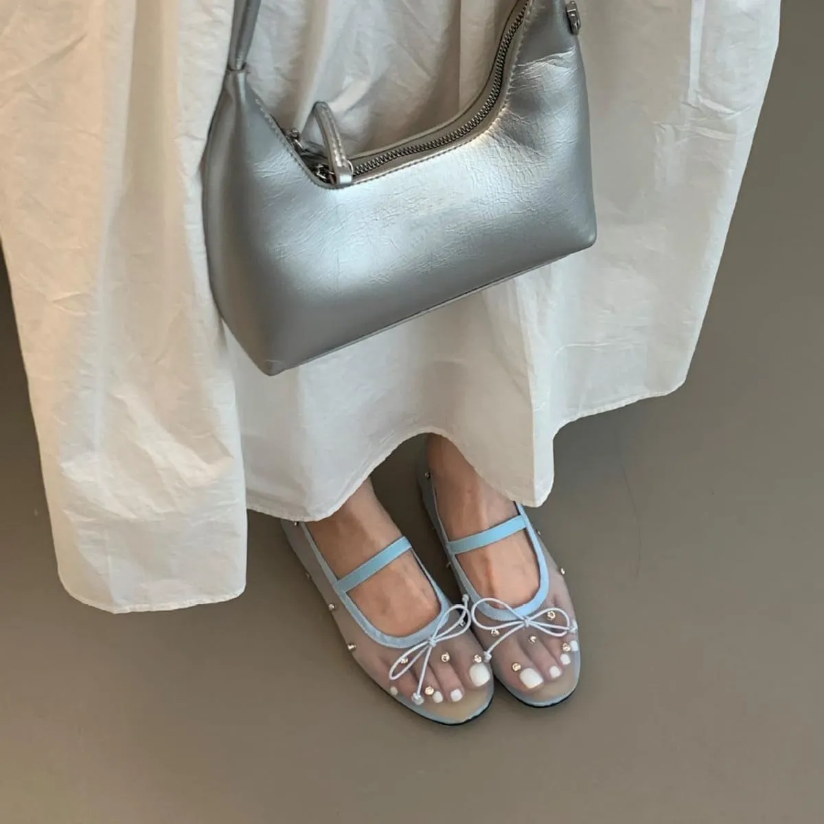 Women Rhinestone Embellished Mesh Ballet Flats with Bow Transparent Round Toe Slip-On Mary Jane Dress Shoes