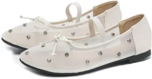 Women Rhinestone Embellished Mesh Ballet Flats with Bow Transparent Round Toe Slip-On Mary Jane Dress Shoes