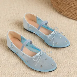 Women Rhinestone Embellished Mesh Ballet Flats with Bow Transparent Round Toe Slip-On Mary Jane Dress Shoes