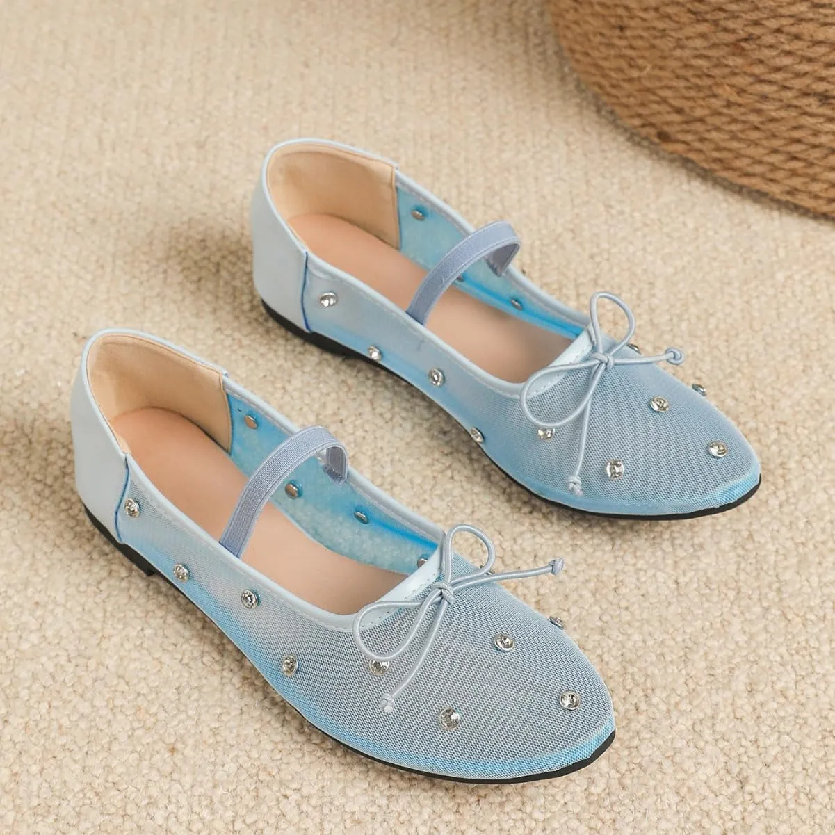 Women Rhinestone Embellished Mesh Ballet Flats with Bow Transparent Round Toe Slip-On Mary Jane Dress Shoes