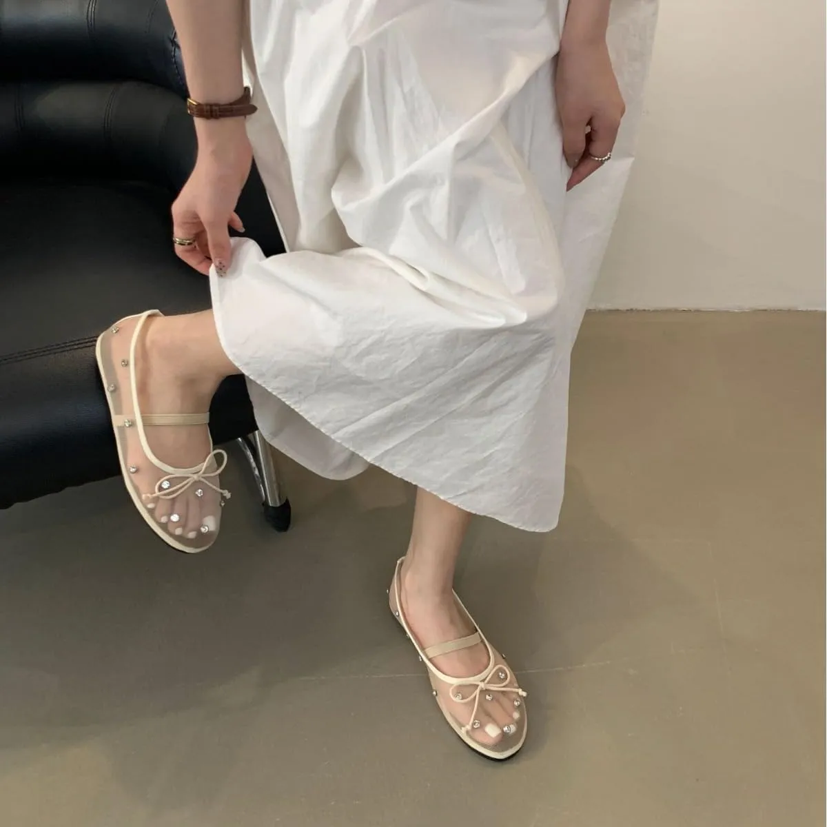 Women Rhinestone Embellished Mesh Ballet Flats with Bow Transparent Round Toe Slip-On Mary Jane Dress Shoes