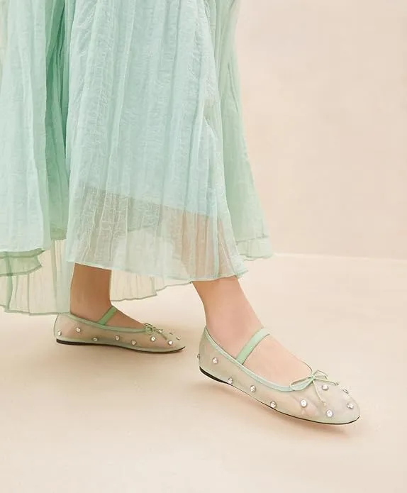 Women Rhinestone Embellished Mesh Ballet Flats with Bow Transparent Round Toe Slip-On Mary Jane Dress Shoes