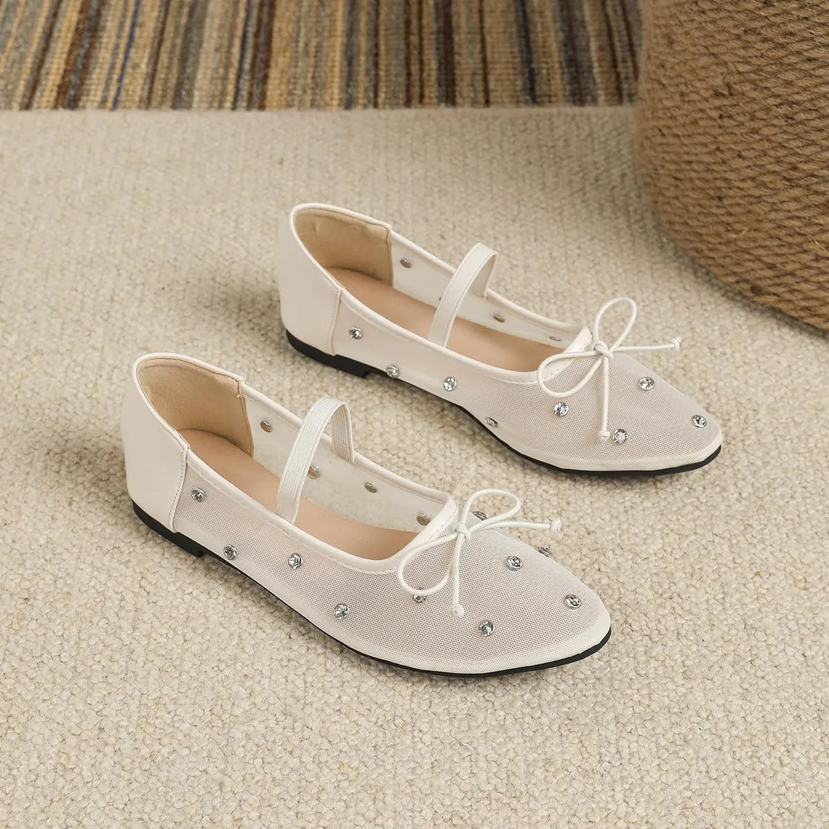 Women Rhinestone Embellished Mesh Ballet Flats with Bow Transparent Round Toe Slip-On Mary Jane Dress Shoes