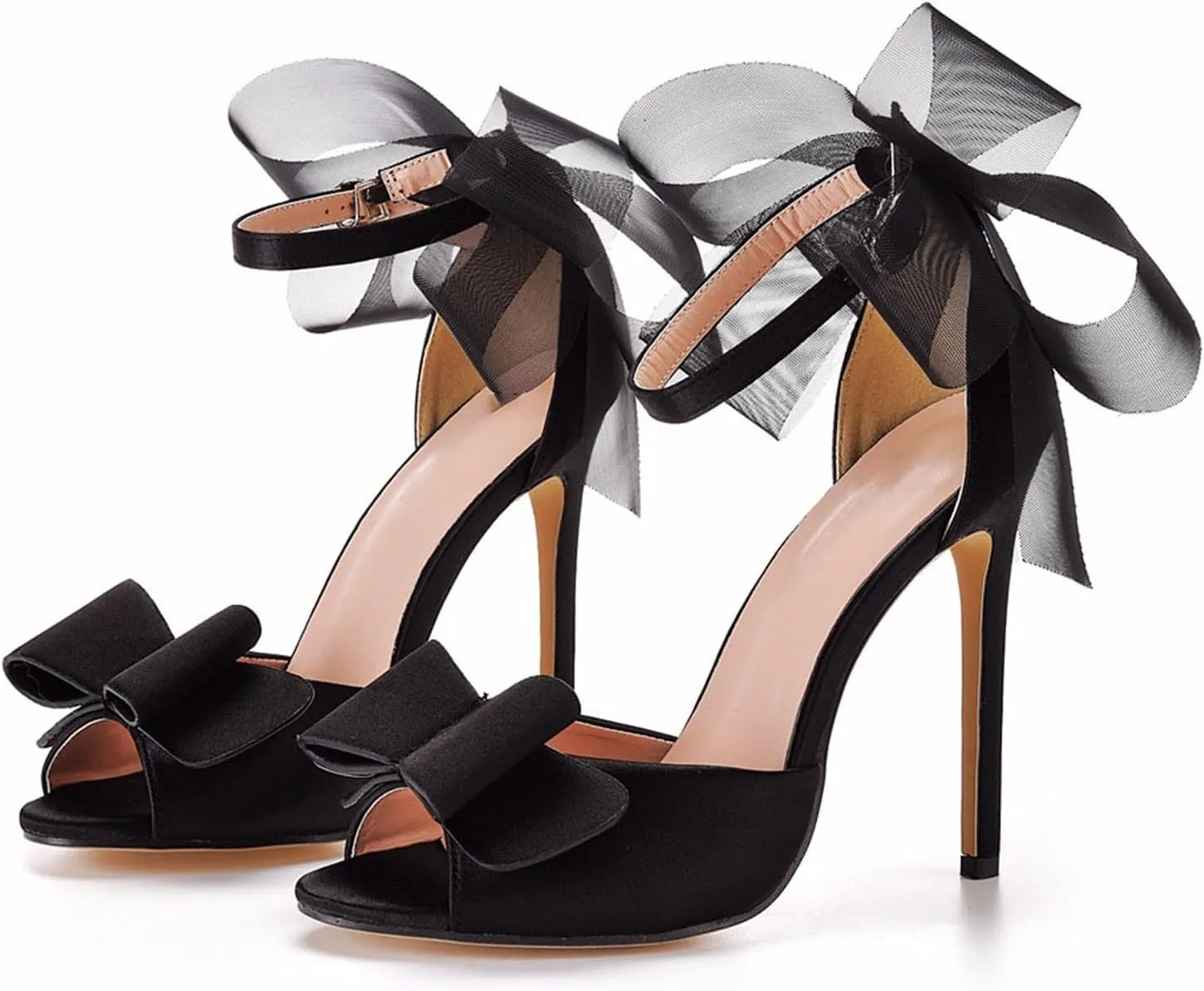 Women's Bowknot Ankle Strap Stiletto Heels Open Toe Heeled Sandals Wedding Bridal Prom Dance Dress Shoes