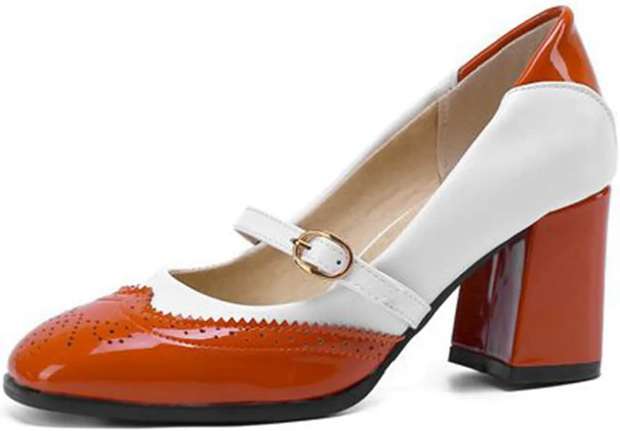 Women's Fashion Two Tone Mary Jane Pumps Buckle Strap Slip On Square Toe Chunky High Heel Dress Shoes