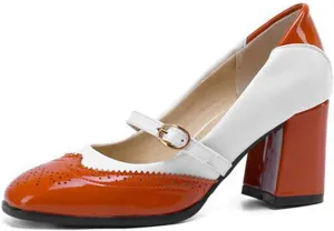 Women's Fashion Two Tone Mary Jane Pumps Buckle Strap Slip On Square Toe Chunky High Heel Dress Shoes