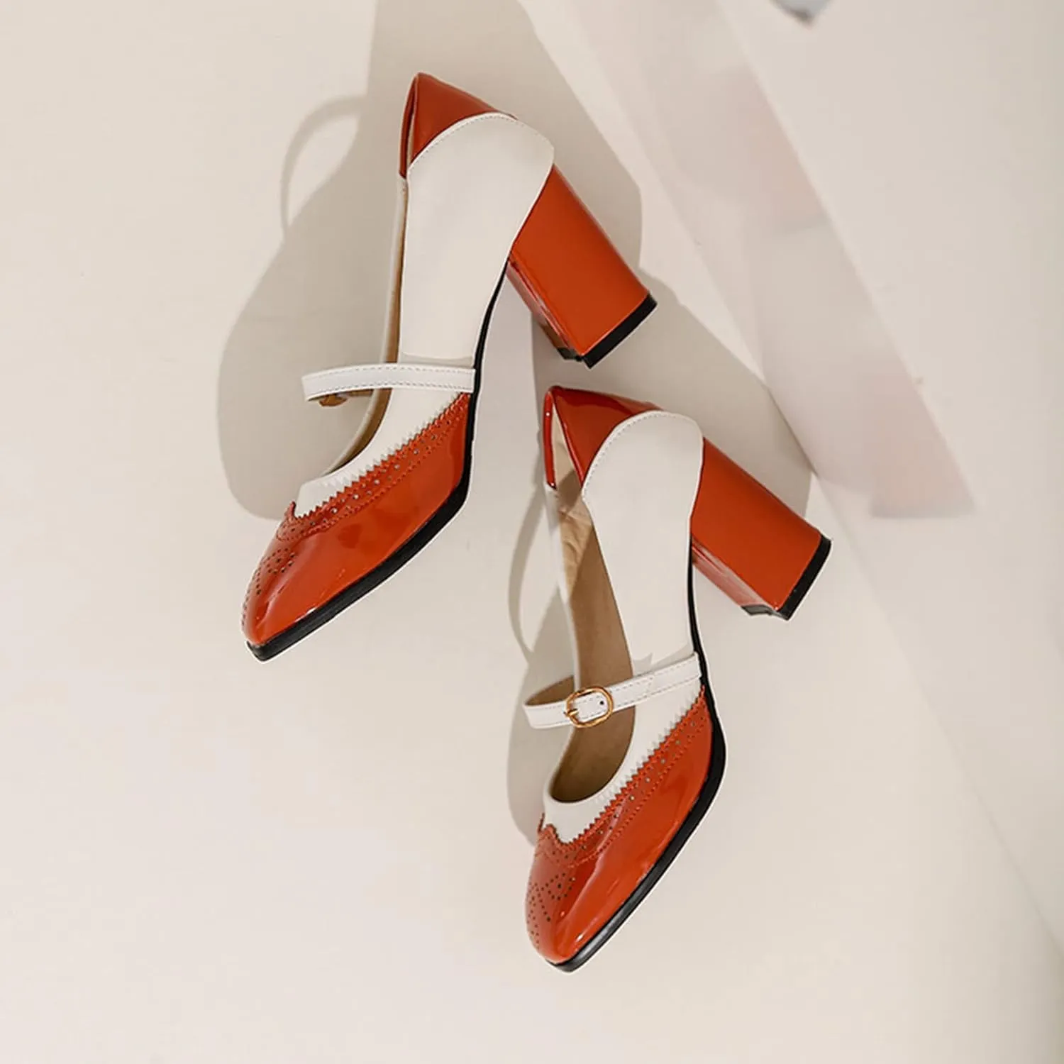 Women's Fashion Two Tone Mary Jane Pumps Buckle Strap Slip On Square Toe Chunky High Heel Dress Shoes
