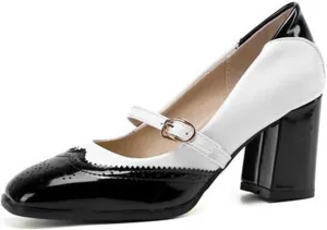 Women's Fashion Two Tone Mary Jane Pumps Buckle Strap Slip On Square Toe Chunky High Heel Dress Shoes