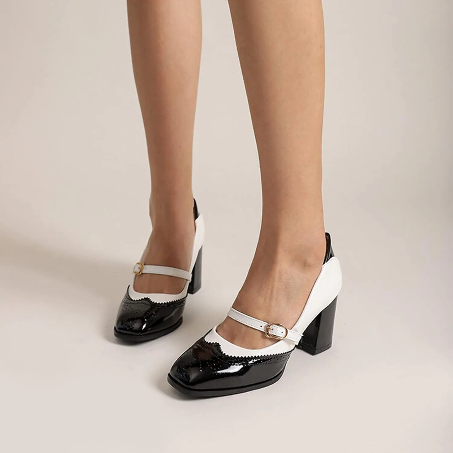 Women's Fashion Two Tone Mary Jane Pumps Buckle Strap Slip On Square Toe Chunky High Heel Dress Shoes
