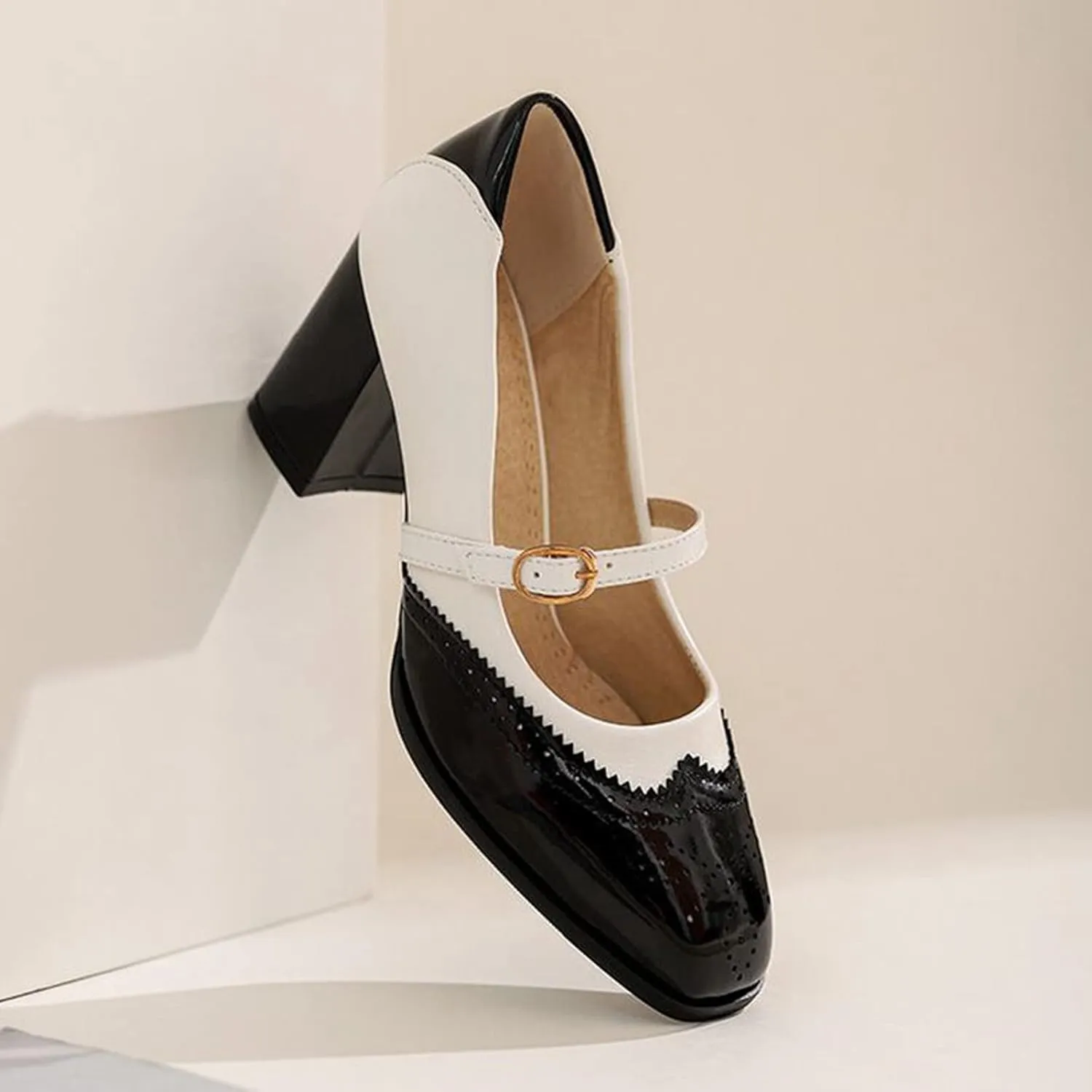 Women's Fashion Two Tone Mary Jane Pumps Buckle Strap Slip On Square Toe Chunky High Heel Dress Shoes