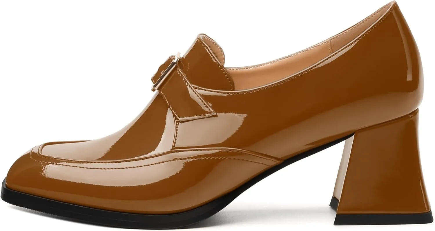 Women's Loafers with Belt Buckle, Fashion Closed Square Toe Chunky Heeled Loafer Shose Comfortable Slip On Solid Dress Shose