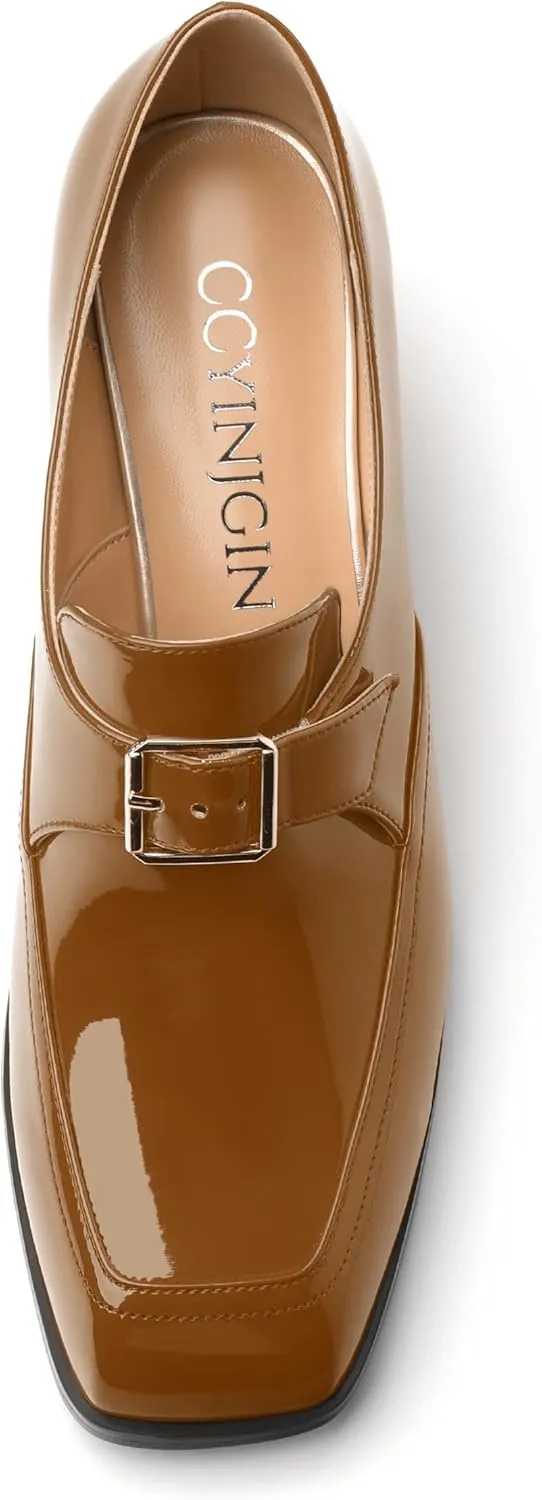 Women's Loafers with Belt Buckle, Fashion Closed Square Toe Chunky Heeled Loafer Shose Comfortable Slip On Solid Dress Shose