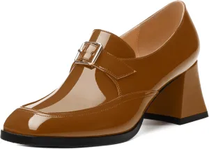 Women's Loafers with Belt Buckle, Fashion Closed Square Toe Chunky Heeled Loafer Shose Comfortable Slip On Solid Dress Shose