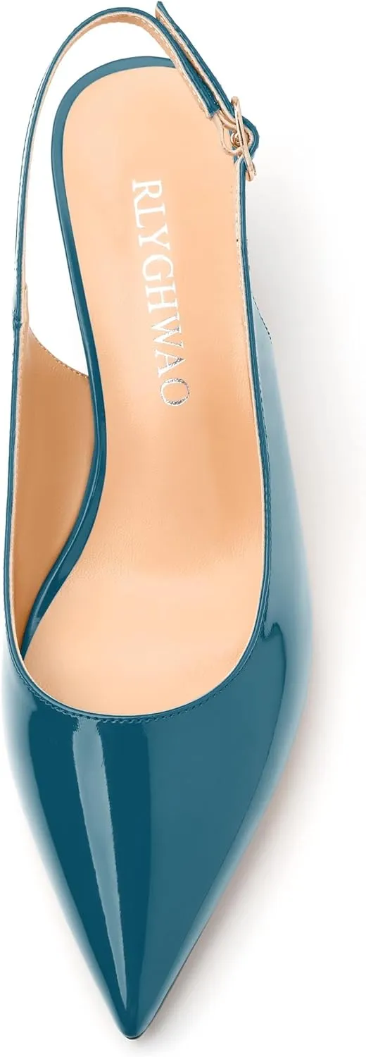 Women's Low Stiletto Heel Pumps, Pointed Toe Slingback with Adjustable Buckle, Versatile Work/Date/Party Solid Colors Shoes for Women