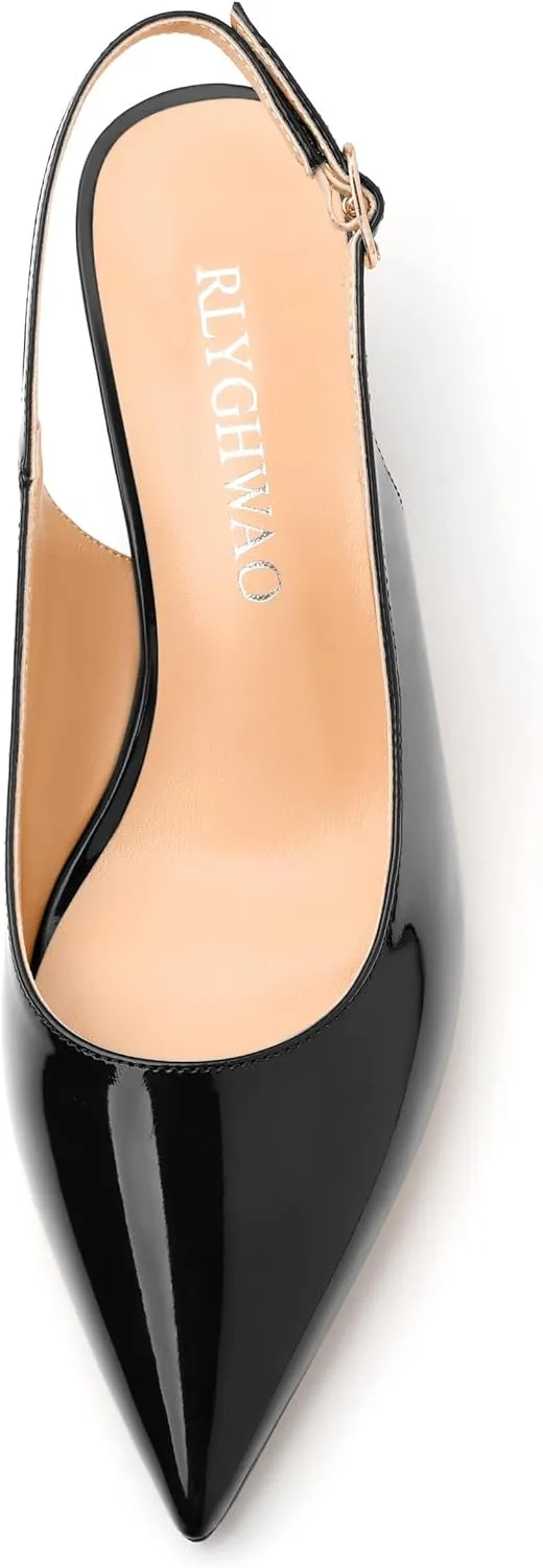 Women's Low Stiletto Heel Pumps, Pointed Toe Slingback with Adjustable Buckle, Versatile Work/Date/Party Solid Colors Shoes for Women