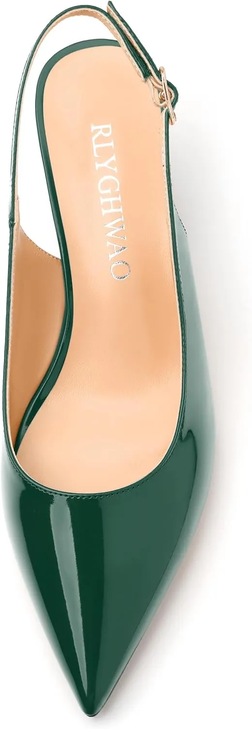 Women's Low Stiletto Heel Pumps, Pointed Toe Slingback with Adjustable Buckle, Versatile Work/Date/Party Solid Colors Shoes for Women