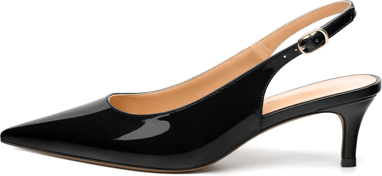 Women's Low Stiletto Heel Pumps, Pointed Toe Slingback with Adjustable Buckle, Versatile Work/Date/Party Solid Colors Shoes for Women