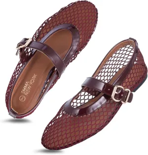 Womens Mesh Ballet Flats  Fishnet Mary Jane Flats with Adjustable Buckle Strap, Breathable & Stylish Ballerina Shoes