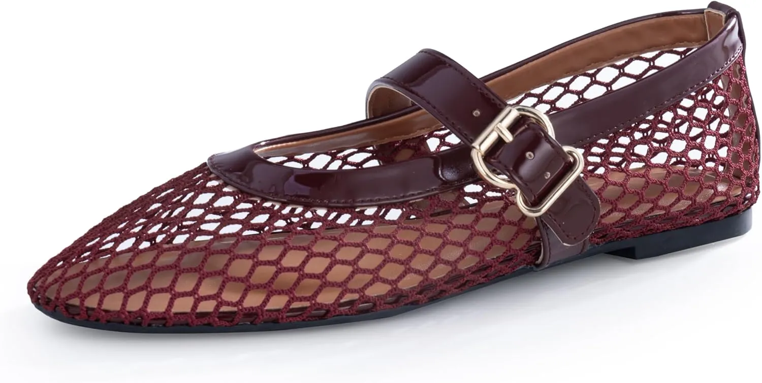 Womens Mesh Ballet Flats  Fishnet Mary Jane Flats with Adjustable Buckle Strap, Breathable & Stylish Ballerina Shoes