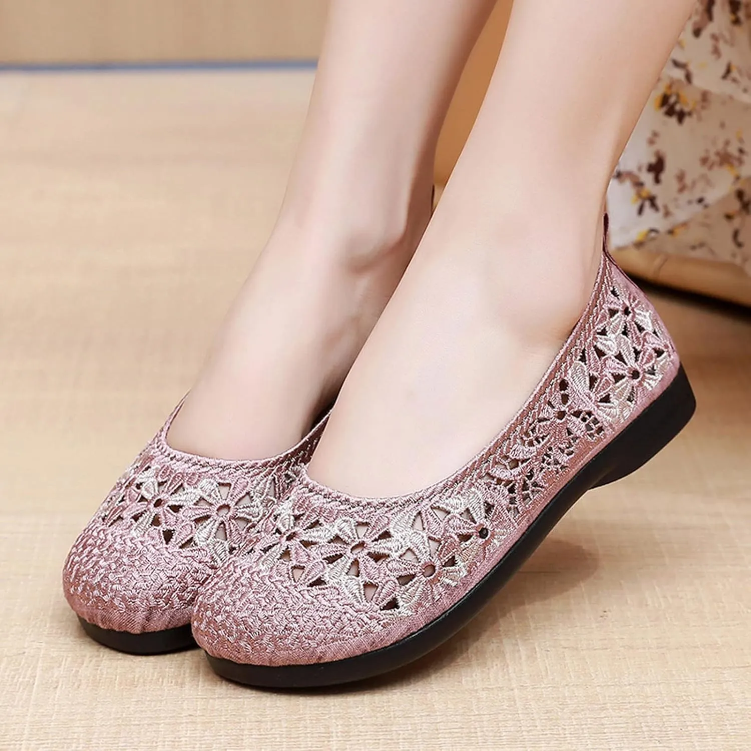 Women's Non Slip Dress Shoes See Through Mesh Lace Flowers Shoes Breathable Slip On Round Toe Bowling Women Size 6