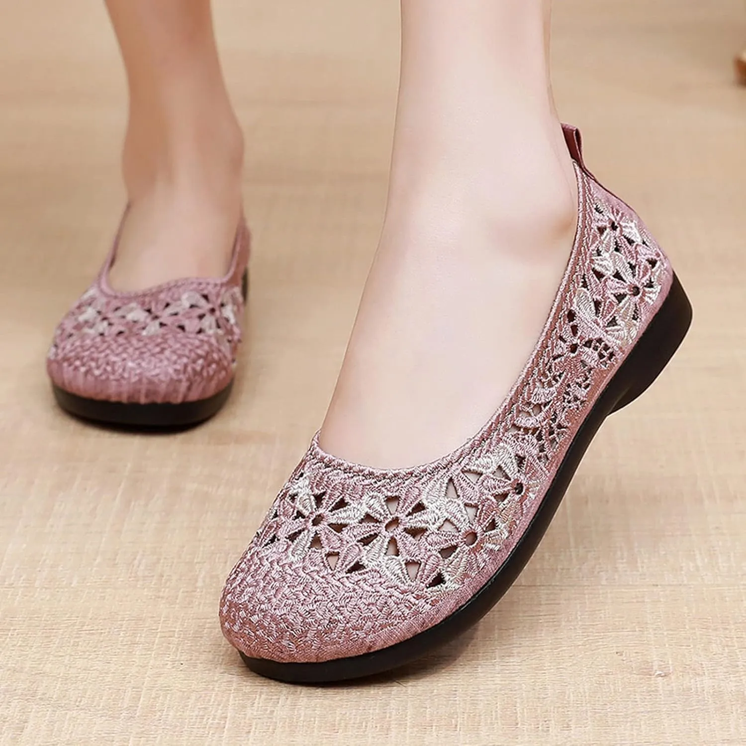 Women's Non Slip Dress Shoes See Through Mesh Lace Flowers Shoes Breathable Slip On Round Toe Bowling Women Size 6