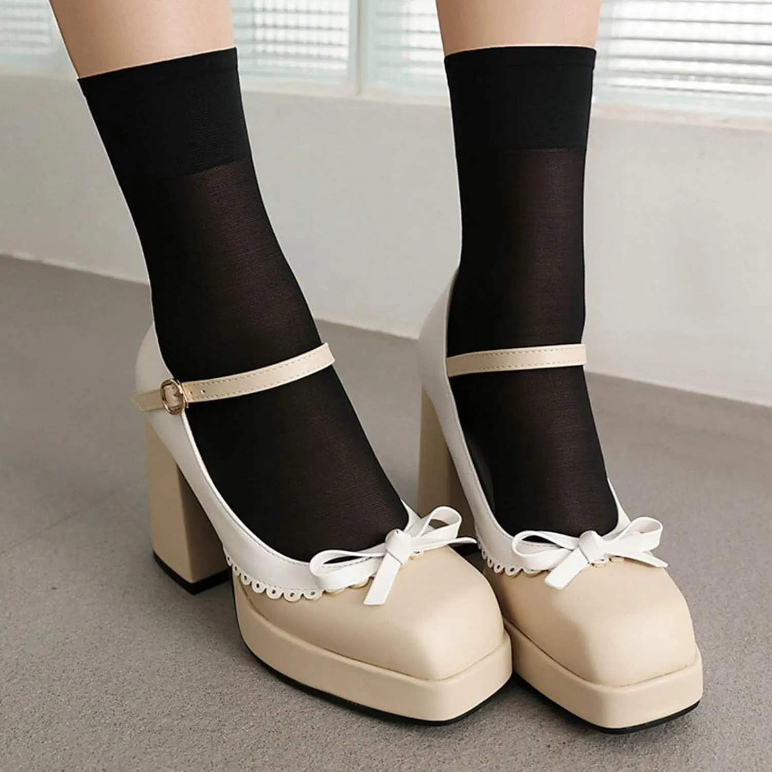 Women's Platform Chunky High Heel Mary Janes Bow Two Tone Square Toe Block Heels Dress Pumps Shoes