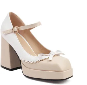 Women's Platform Chunky High Heel Mary Janes Bow Two Tone Square Toe Block Heels Dress Pumps Shoes