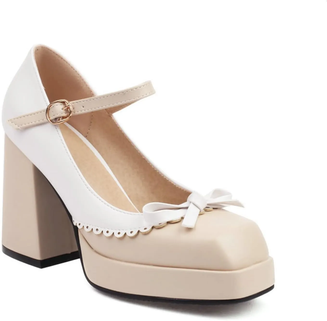 Women's Platform Chunky High Heel Mary Janes Bow Two Tone Square Toe Block Heels Dress Pumps Shoes