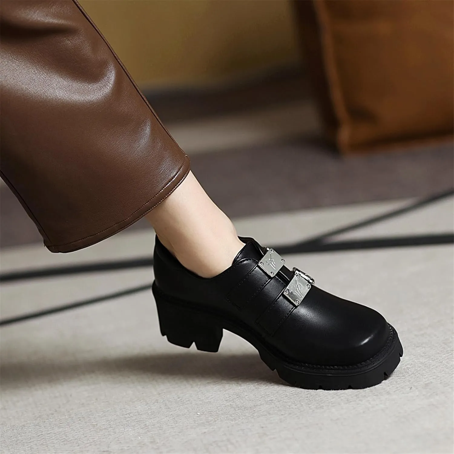 Women's Platform Chunky Hook & Loop Vintage Oxfords Dress Pumps Closed Round Toe Block Mid Heels Wedding Church Concise Comfy Dress All Weather Dating Retro Brogues Shoes