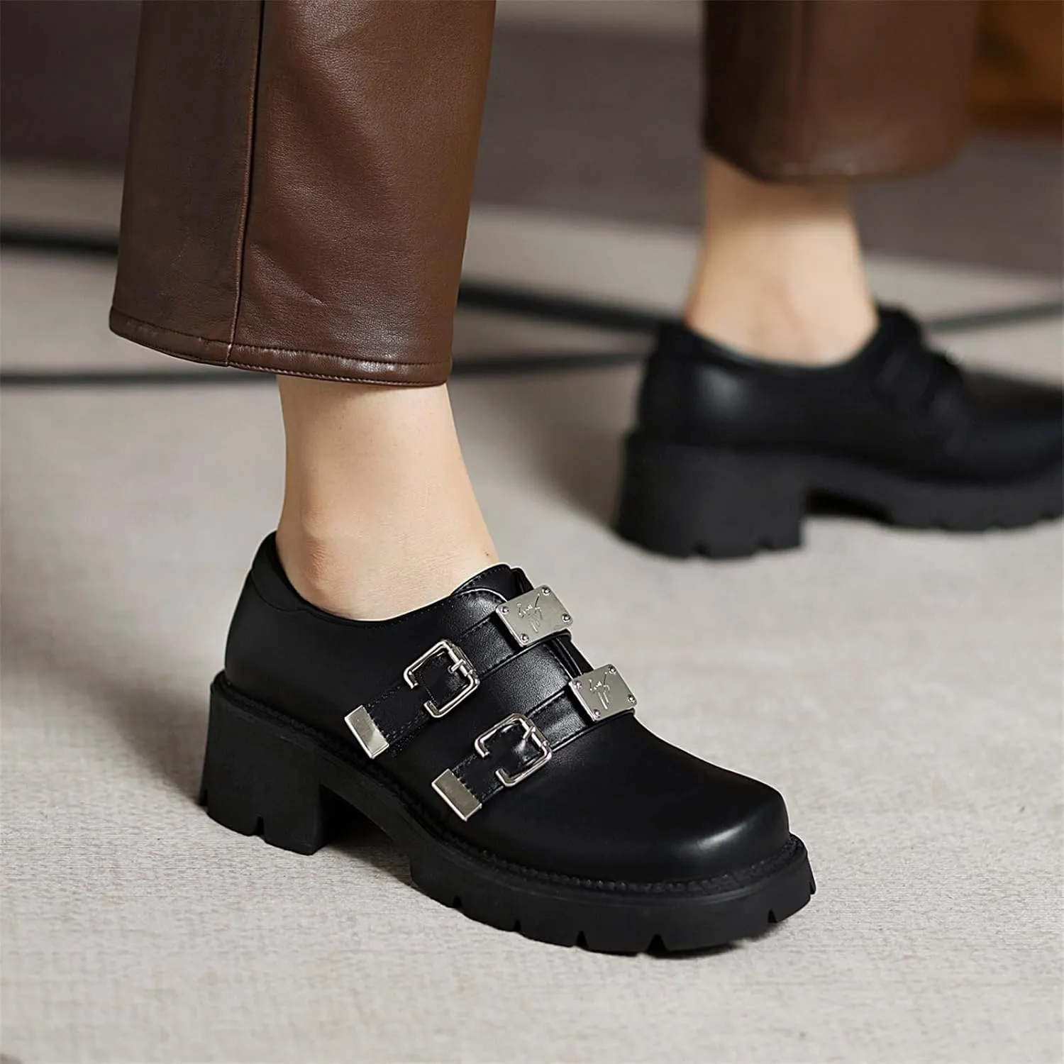 Women's Platform Chunky Hook & Loop Vintage Oxfords Dress Pumps Closed Round Toe Block Mid Heels Wedding Church Concise Comfy Dress All Weather Dating Retro Brogues Shoes