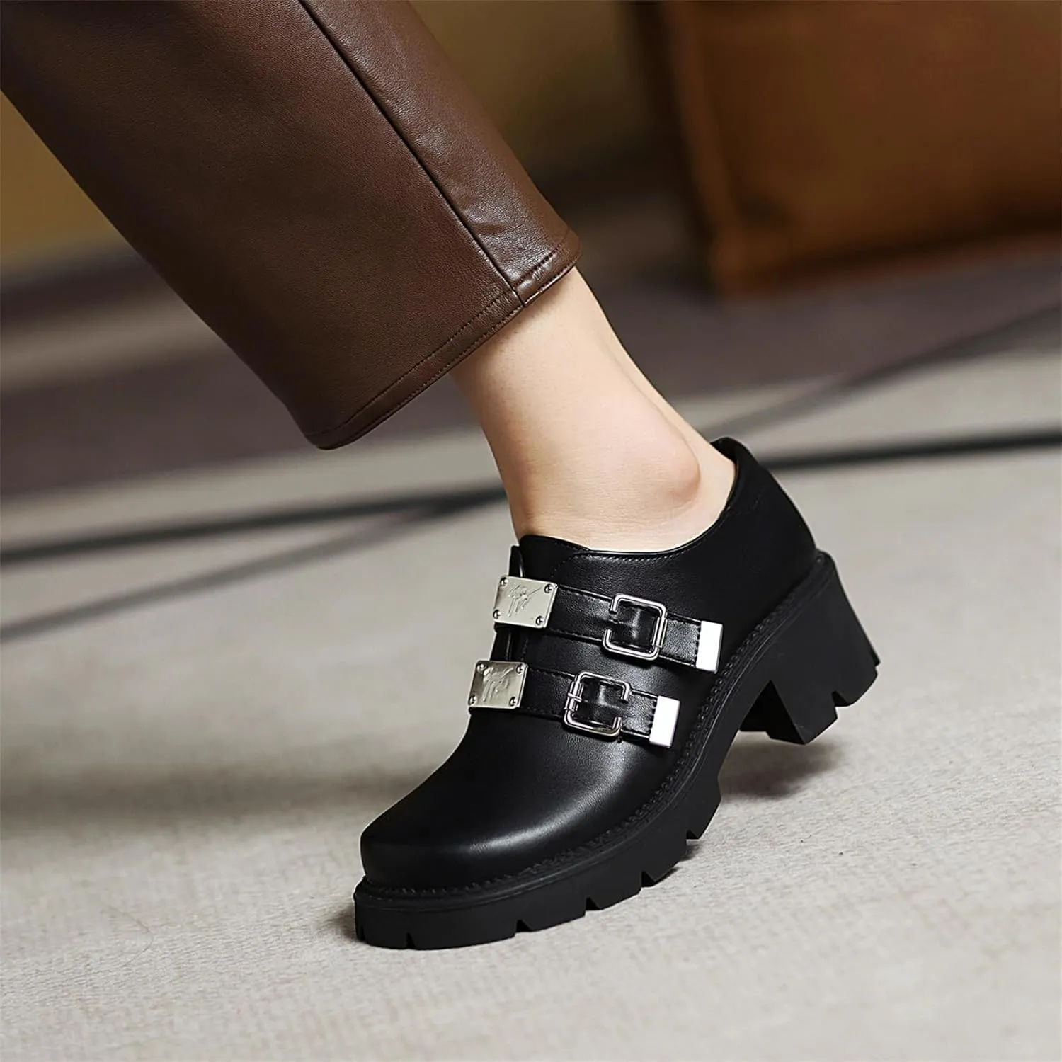 Women's Platform Chunky Hook & Loop Vintage Oxfords Dress Pumps Closed Round Toe Block Mid Heels Wedding Church Concise Comfy Dress All Weather Dating Retro Brogues Shoes